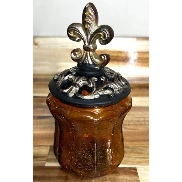 Decorative Amber Crackle Glass Canister With Fluer-de-lis Lid - Picture 5 of 13